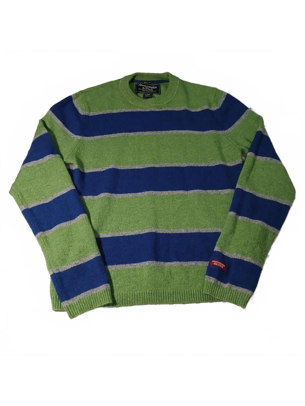 VTG Abercrombie And Fitch Striped Sweater Wool Green Blue Mens Muscle Y2K Grunge